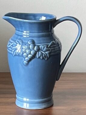Blue Ceramic Vineyard Grape and Vine Pitcher 8 in